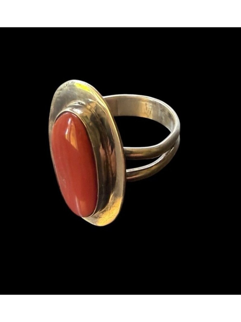 Vintage Sterling Silver 925 Oval Red Coral Ring Split Band Statement Size 9